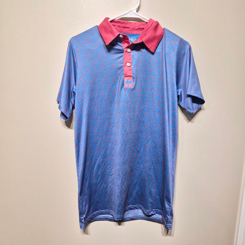 Pins & Aces Golf Co. Small Flamingo Micro Pattern Performance Polo Blue and Pink